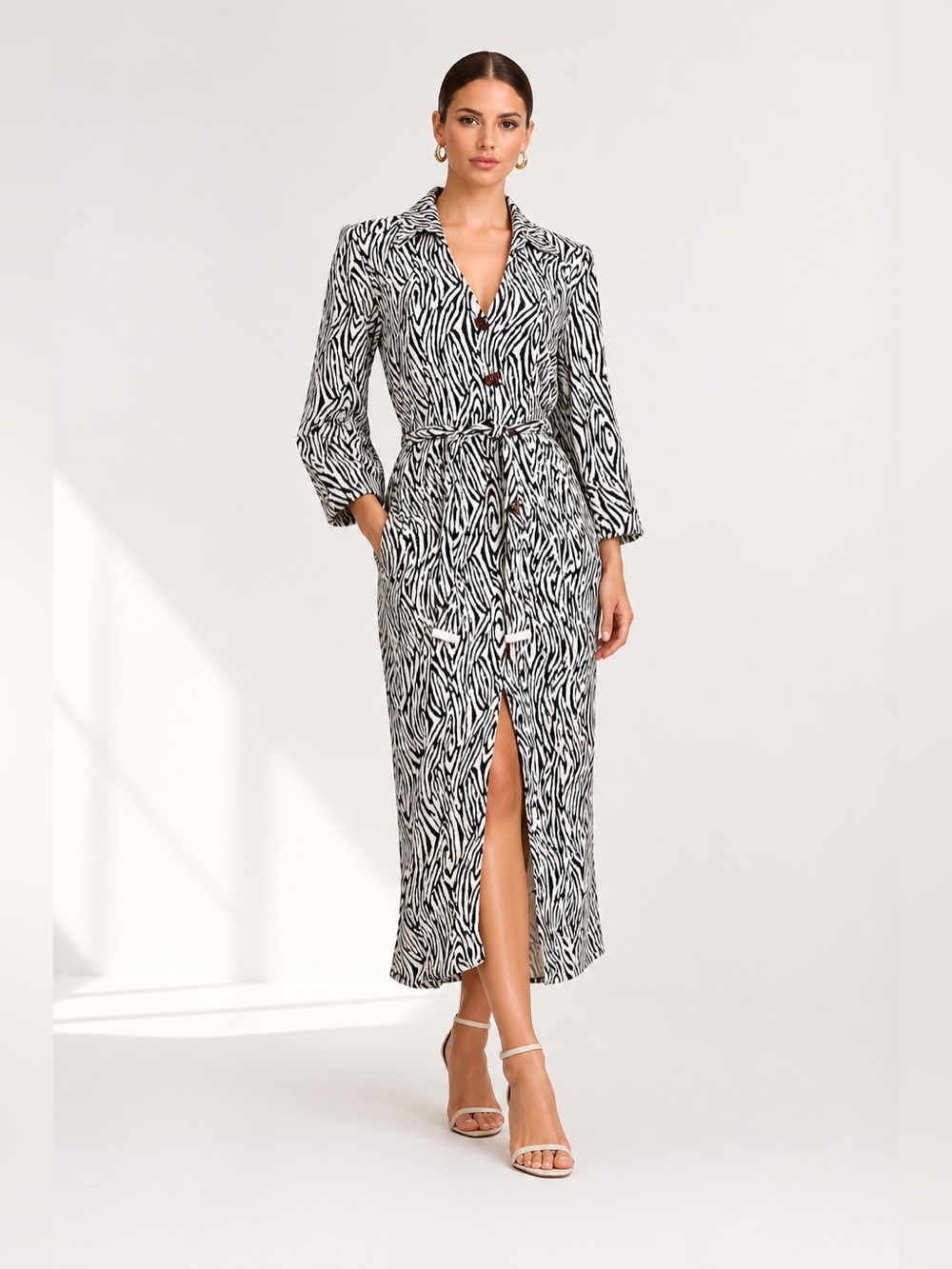 Nanushka Capri Zebra Print Midi Shirt Dress L Belted Wrap Black White